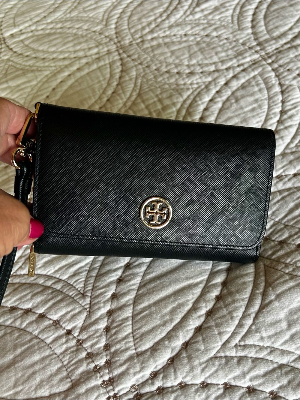 Tory Burch Black Leather Wristlet Clutch with Gold Logo